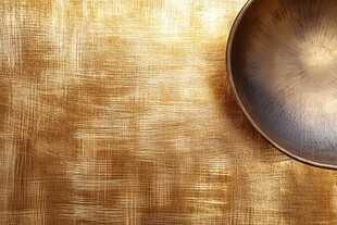 金色纹理背景上的金属碗