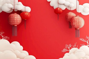 红色背景上的中式灯笼云朵