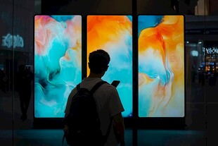 男子驻足赏绚丽手机广告