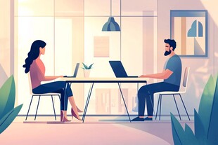 两人办公室使用笔记本电脑