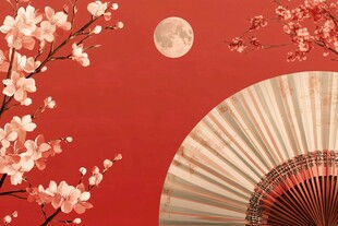 红墙下的扇月与烂漫花枝