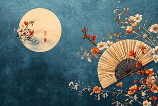 月夜折扇花卉古风图景