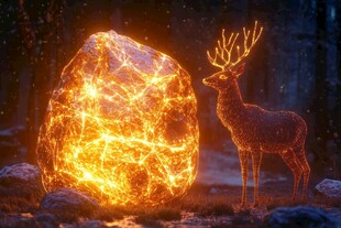 发光巨石旁的梦幻鹿角鹿