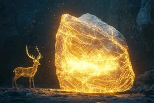 发光巨石旁的梦幻线条鹿
