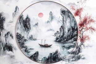 圆形水墨山水意境画