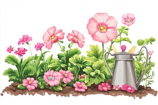 粉色花卉与喷壶的园艺景致