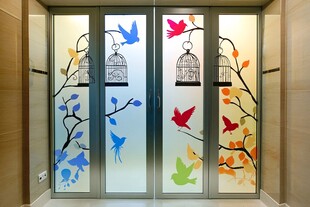 多彩鸟笼装饰的玻璃电梯门
