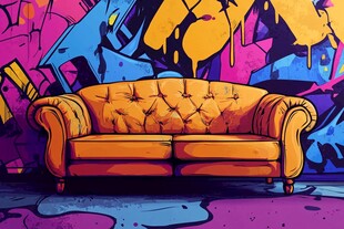 涂鸦墙前的复古橙色沙发