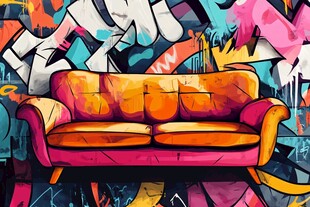 涂鸦墙前的复古彩色沙发