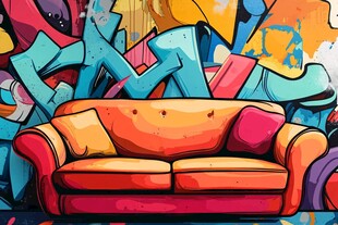 涂鸦墙前的复古橙色沙发