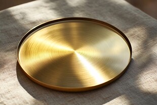 金色圆形金属托盘特写