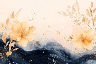 金花卉与墨蓝波浪梦幻背景