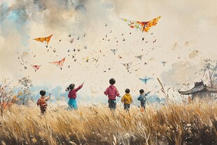 田野孩童乐放风筝