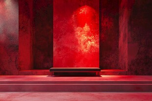 红色神秘空间中的黑色长凳