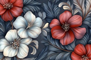 花卉图案 红蓝花朵与叶交织
