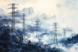 山间输电塔 云雾中的景致