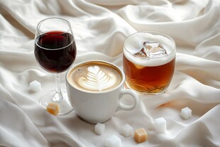 三种饮品摆放在柔软布上