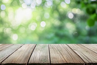 木质台面与绿意背景
