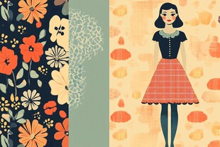 复古花卉女孩插画图案
