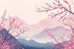 春日山峦粉樱烂漫图景