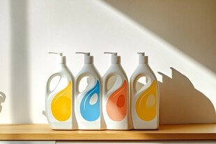 多彩洗衣液整齐摆放在架上