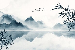 水墨山水间 竹林飞鸟景