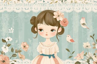 甜美花裙女孩与灵动小鸟