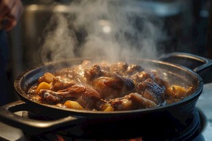 锅中炖煮的美味鸡肉菜肴