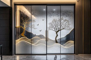 中式艺术玻璃双开门设计