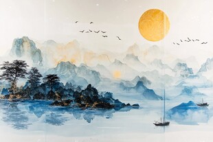 水墨山水间的落日泛舟景