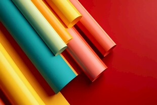 多彩纸筒排列于红色背景