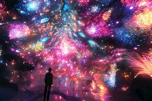 梦幻烟花下的孤独身影