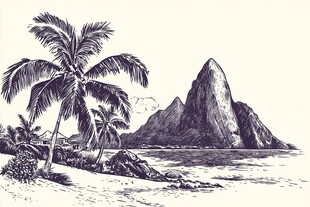 热带海滩与山峰风景素描