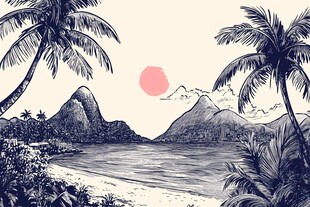 复古风热带海滨风光插画