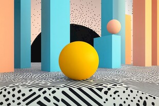 多彩几何空间中的黄色球体