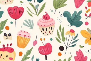 可爱花卉纸杯蛋糕图案