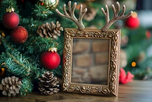 圣诞装饰旁的复古金色相框