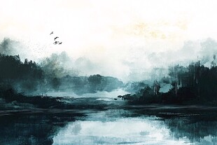 水墨山水间飞鸟掠湖景