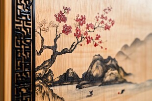 中式木雕山水梅花图景