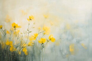 梦幻黄花绽放朦胧背景中