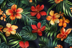 热带花卉与绿叶图案设计