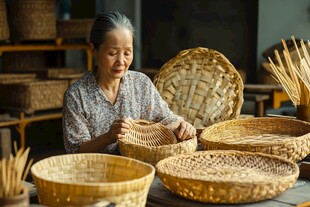 老妇人专注编织传统竹篮