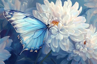蓝蝶栖于白花上的梦幻场景