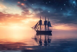 海上帆船伴日落星空