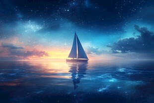 海上夜航的孤独帆船