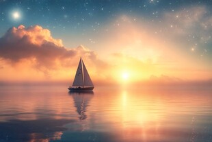 海上帆船伴夕阳星空美景