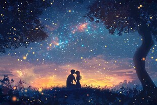浪漫星空下的情侣甜蜜依偎