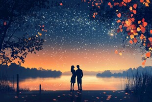 湖畔恋人共赏星空美景
