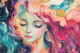 梦幻色彩长发少女插画