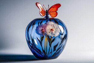 蓝玻璃苹果上的蝴蝶与蒲公英